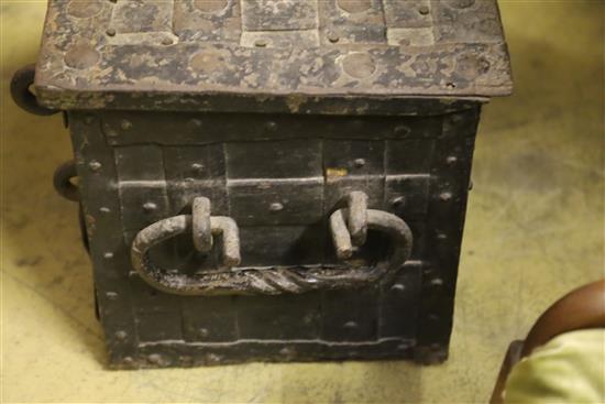 An 18th century iron Armada chest with loop handles and original key, W.72cm, D.40cm, H.36cm